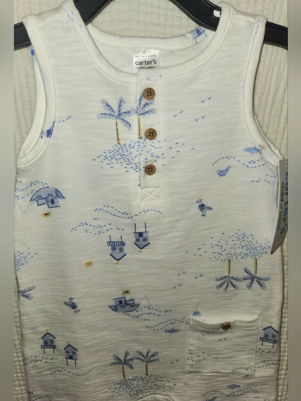 Carter's Sleeveless 100% Cotton Baby Boy Romper in Cream with Blue Print 18M NWT